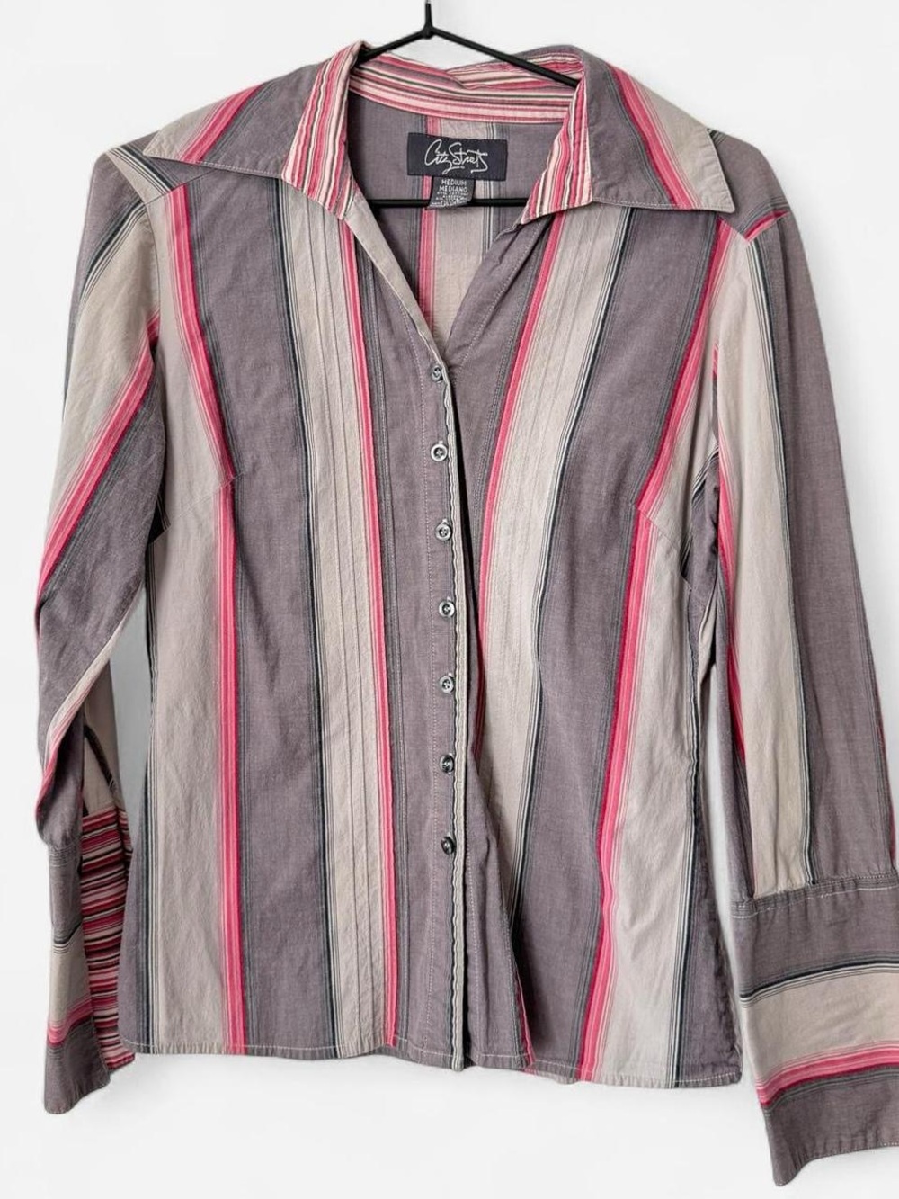 Pink office siren work business Y2K Striped Button-Down Shirt with Gray Tones
